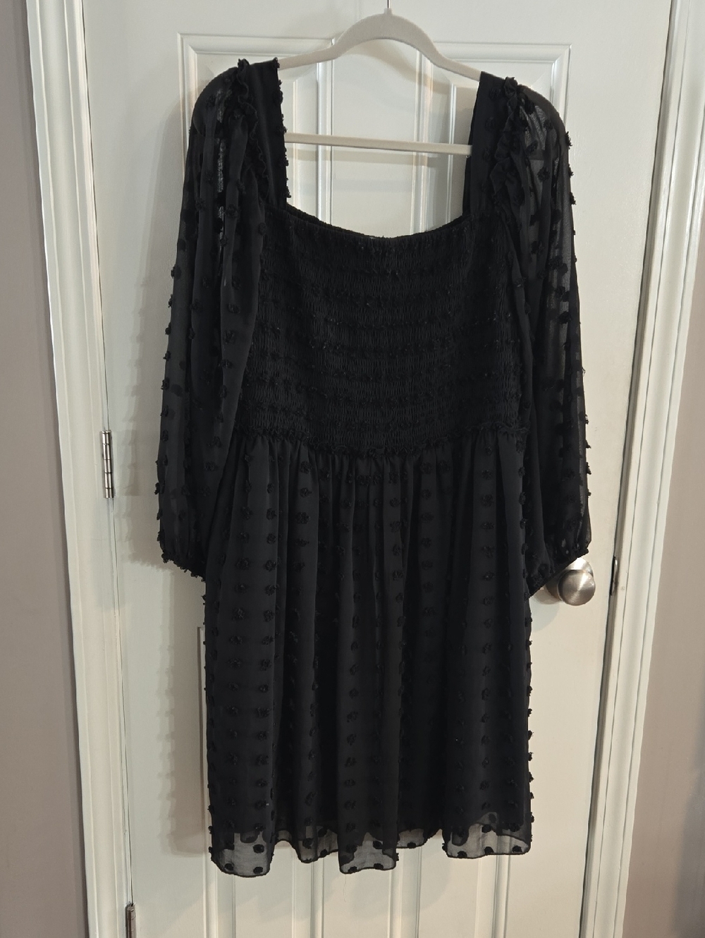 Smocked Square-Neck Black Midi Dress with Textured Dot Chiffon